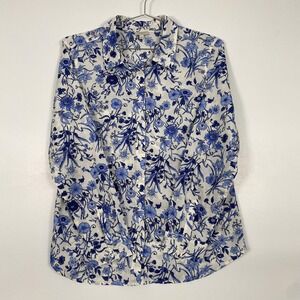 Talbots Button Up Shirt Womens Medium Blue Floral Print Long Sleeve Cotton Top